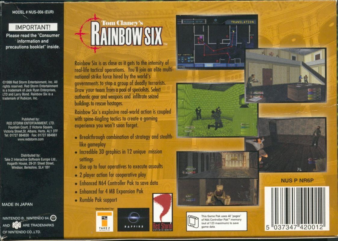 Back Cover for Tom Clancy's Rainbow Six (Nintendo 64)
