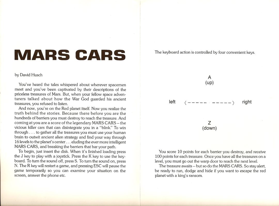 Inside Cover for Mars Cars (Apple II): The inside of the packaging also served as the game's manual.