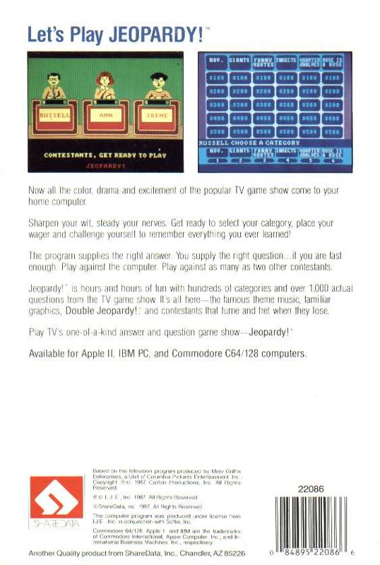 Back Cover for Jeopardy! (Apple II)