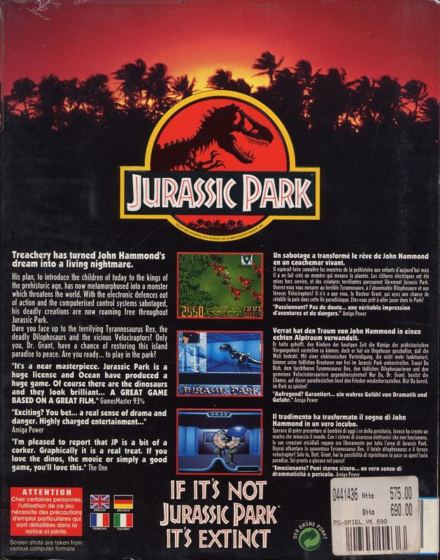 Back Cover for Jurassic Park (DOS) (3.5" Floppy Version)