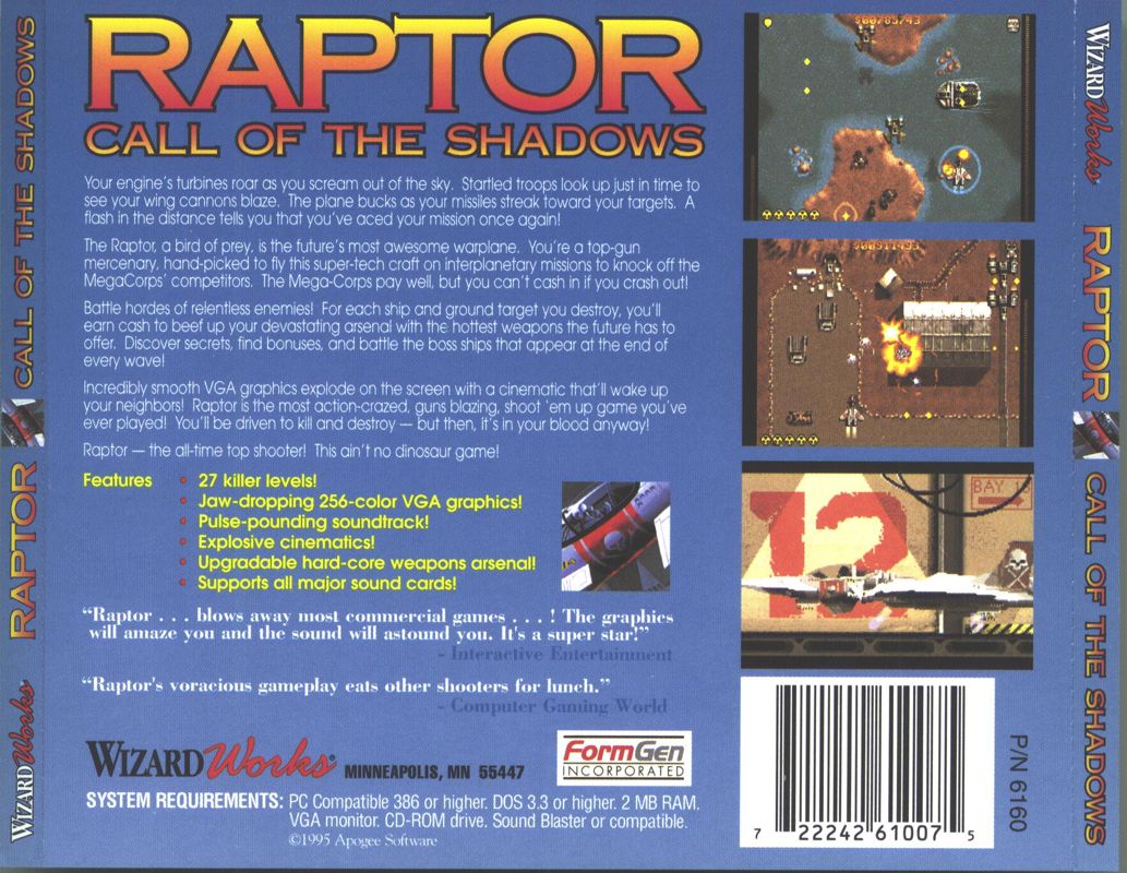 Back Cover for Raptor: Call of the Shadows (DOS) (WizardWorks full version CD release)