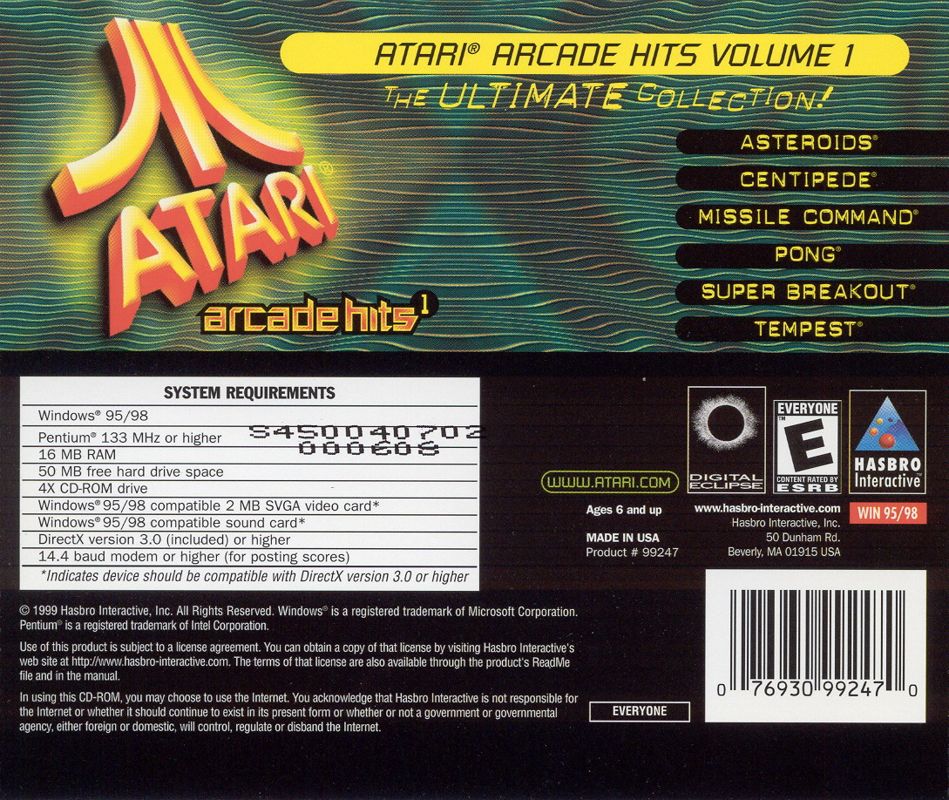 Back Cover for Atari Arcade Hits: Volume 1 (Windows)