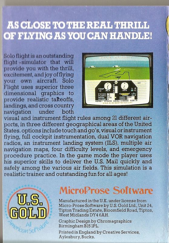 Back Cover for Solo Flight (Commodore 64) (US Gold Cassette release)