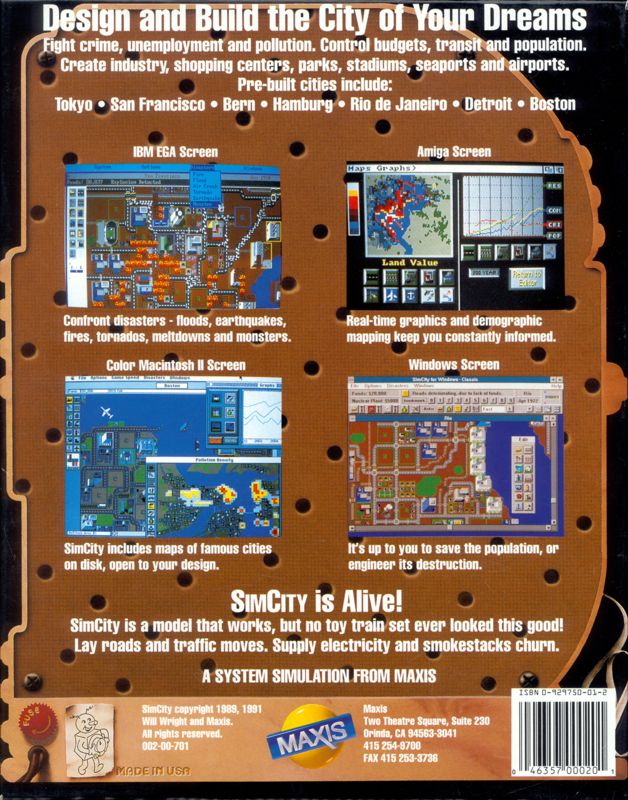 Back Cover for SimCity (DOS) (Second Release, Sleeved Lid & Tray Box.): Sleeve