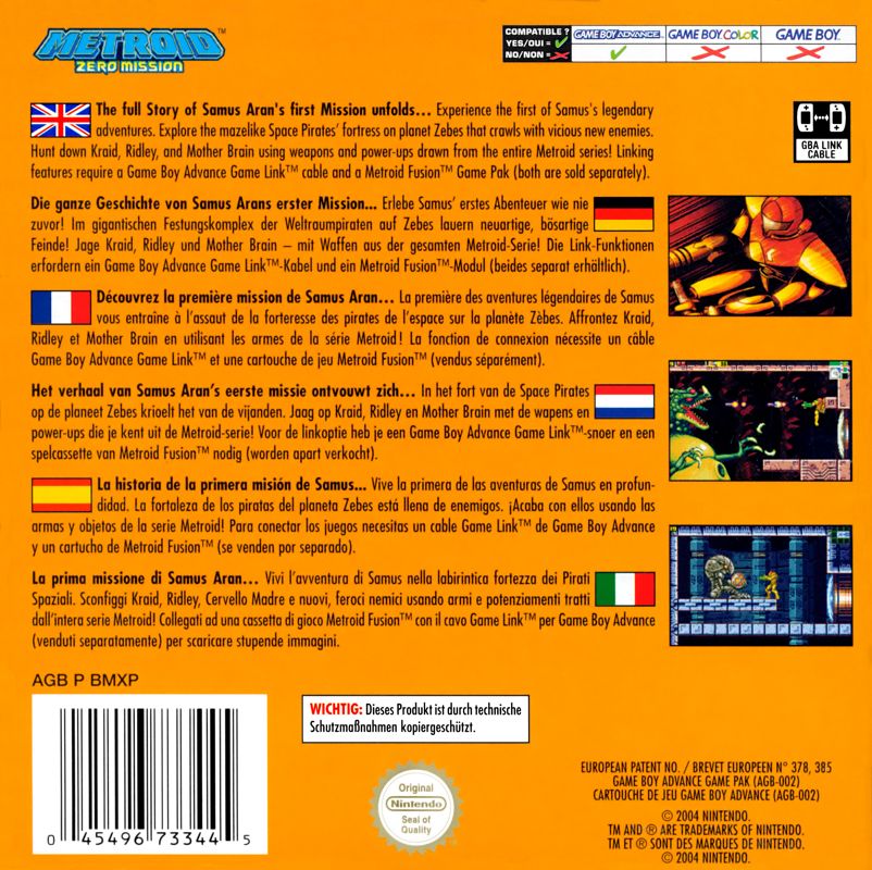 Back Cover for Metroid: Zero Mission (Game Boy Advance)
