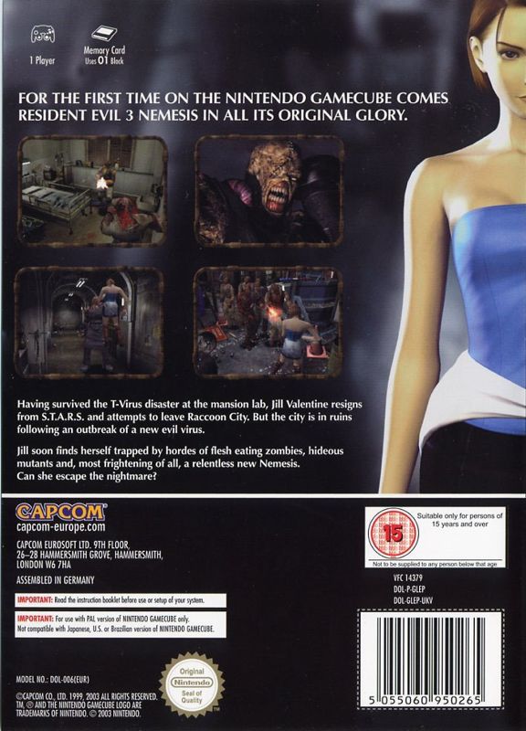 Back Cover for Resident Evil 3: Nemesis (GameCube)