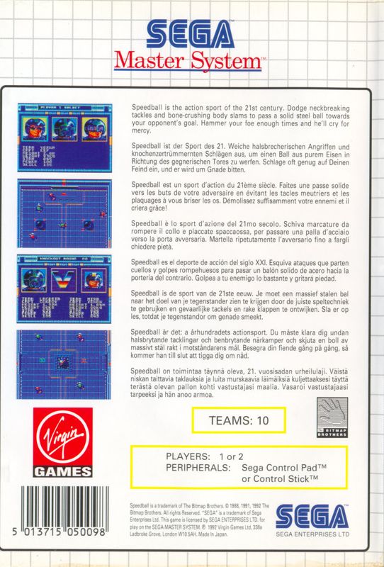 Back Cover for Speedball (SEGA Master System) (Virgin re-release)