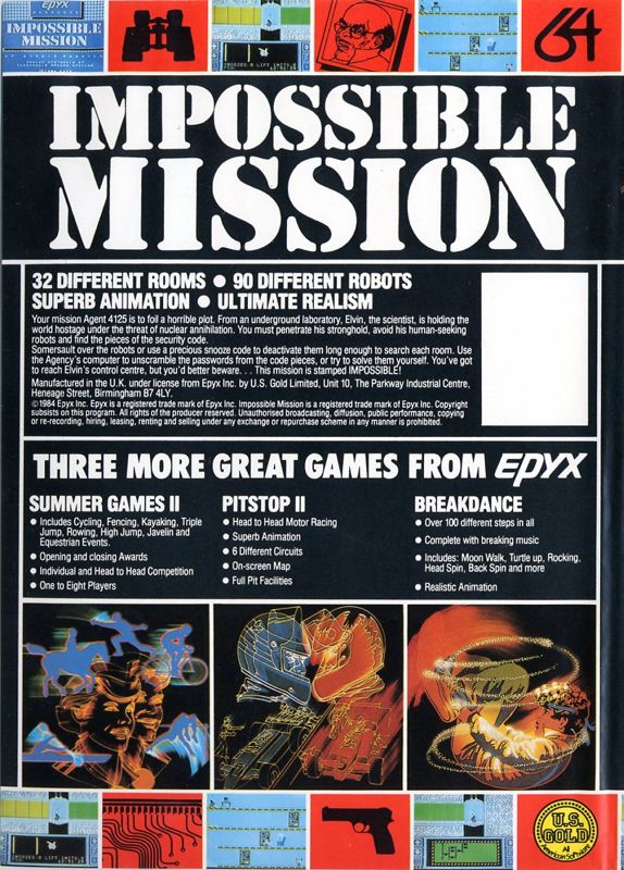 Back Cover for Impossible Mission (Commodore 64) (Plastic Folder)