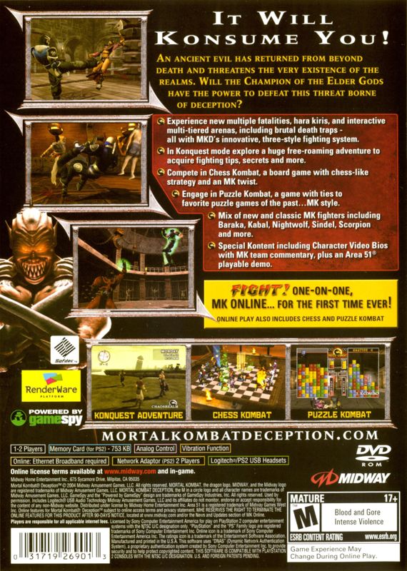 Back Cover for Mortal Kombat: Deception (PlayStation 2)