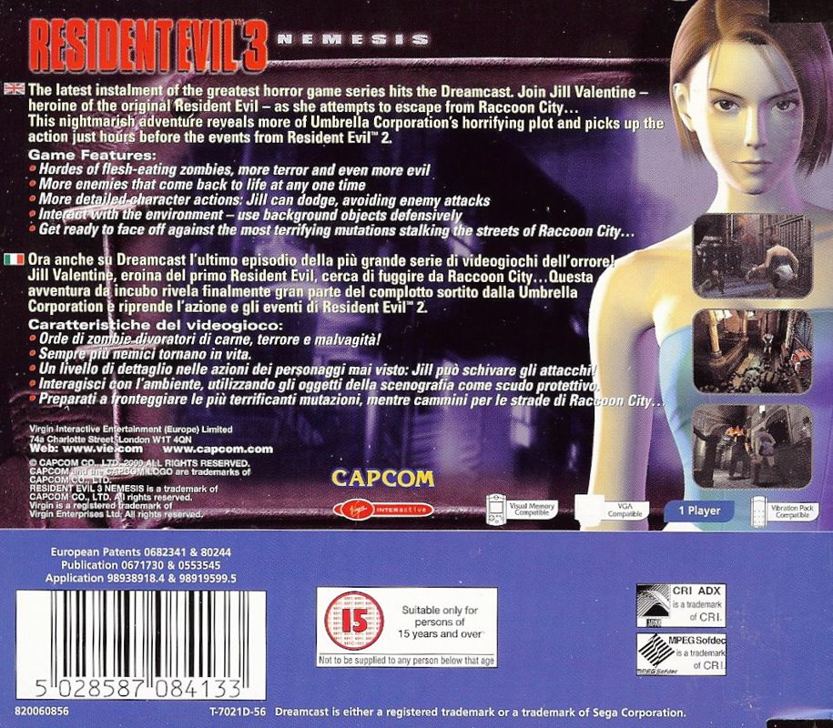 Back Cover for Resident Evil 3: Nemesis (Dreamcast)