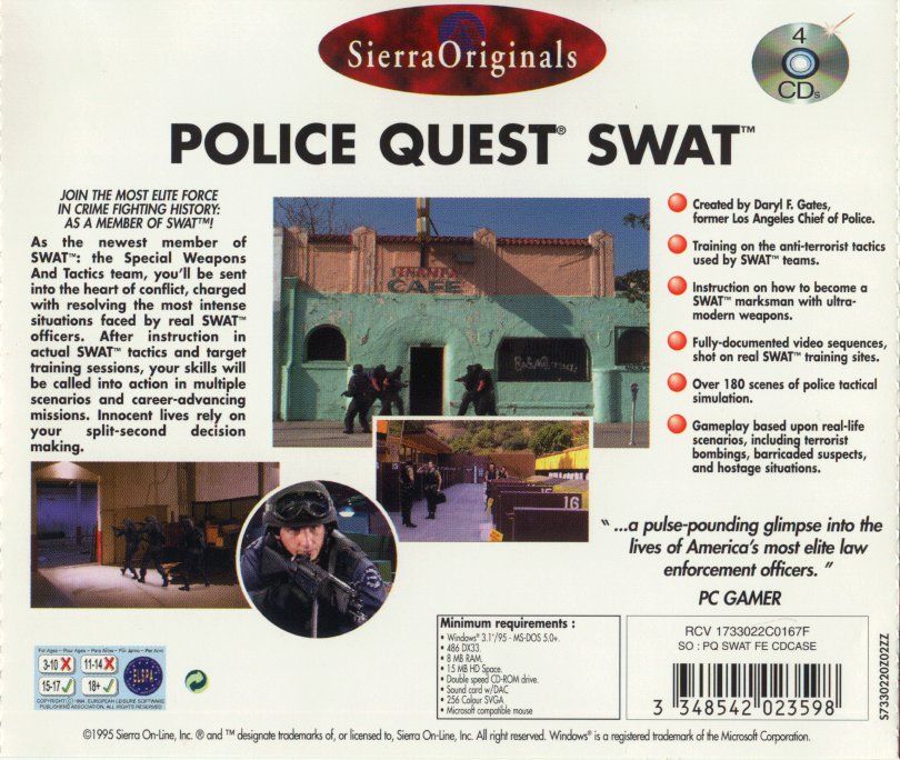Other for Daryl F. Gates' Police Quest: SWAT (DOS and Windows and Windows 3.x) (Sierra Originals release): Jewel Case - Back