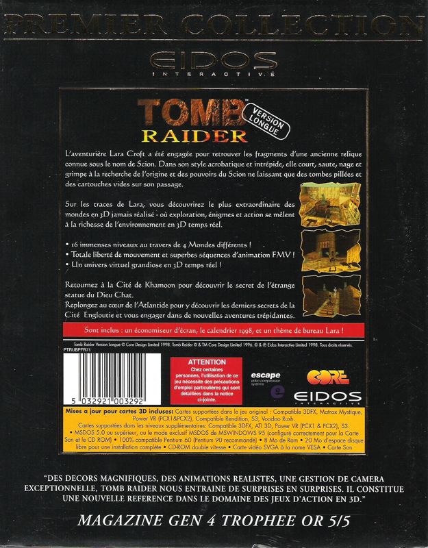 Back Cover for Tomb Raider: Gold (DOS) (Eidos Premier Collection release)