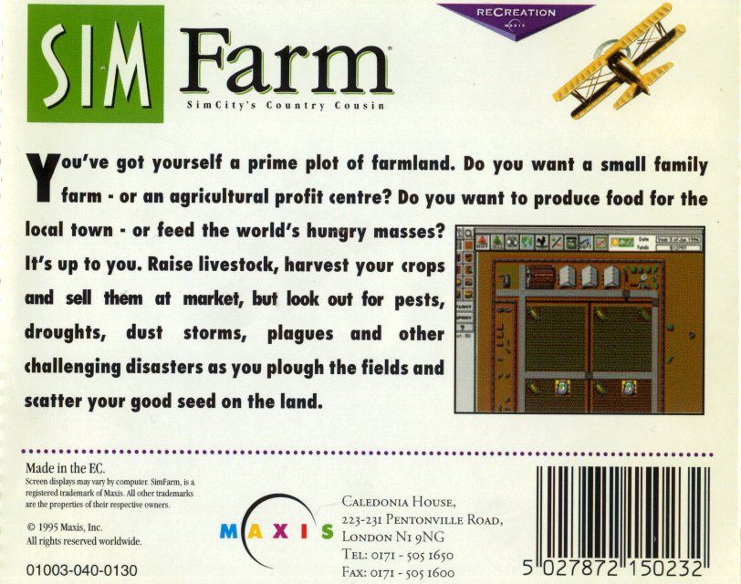 Other for Sim Farm (Windows and Windows 3.x) (Maxis ReCreation release): Jewel Case - Back