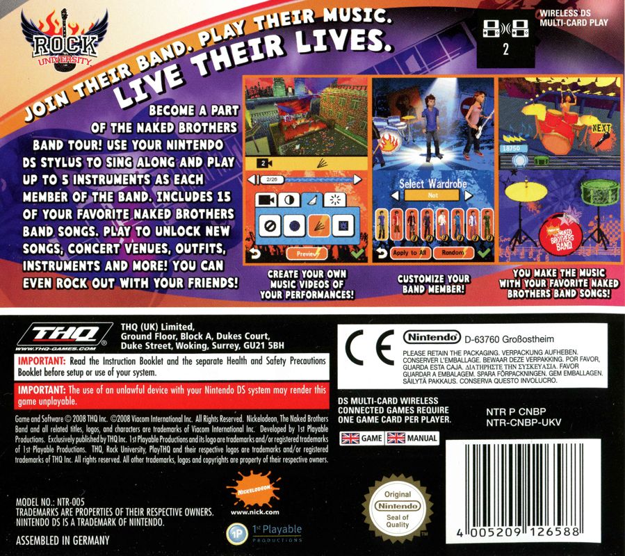 Back Cover for Rock University Presents the Naked Brothers Band: The Videogame (Nintendo DS)