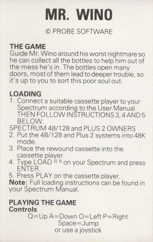Inside Cover for Mr Wino (ZX Spectrum)