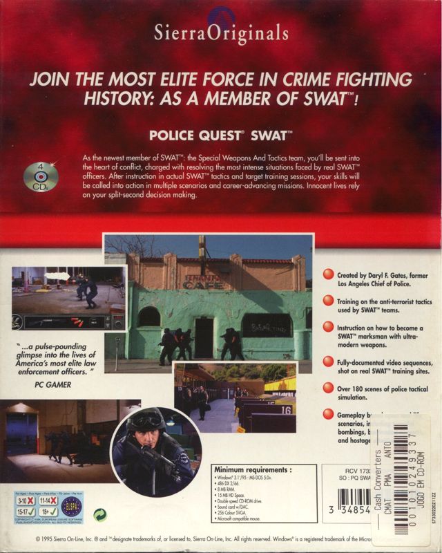 Back Cover for Daryl F. Gates' Police Quest: SWAT (DOS and Windows and Windows 3.x) (Sierra Originals release)