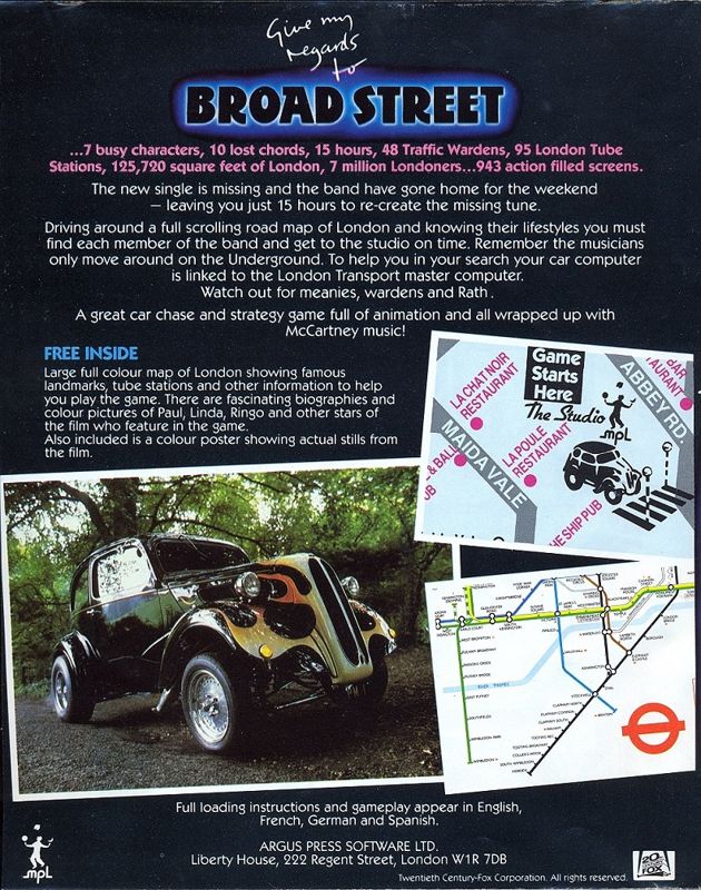 Back Cover for Paul McCartney's Give My Regards to Broad Street (Commodore 64)