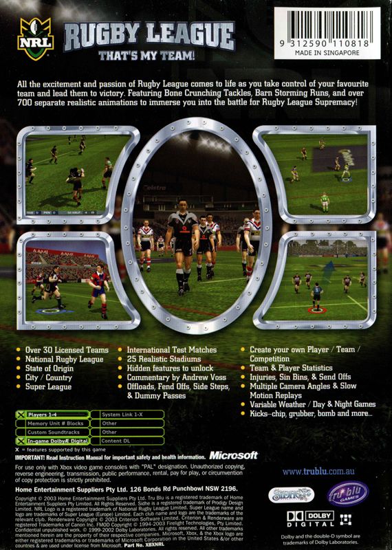 Back Cover for NRL Rugby League (Xbox)