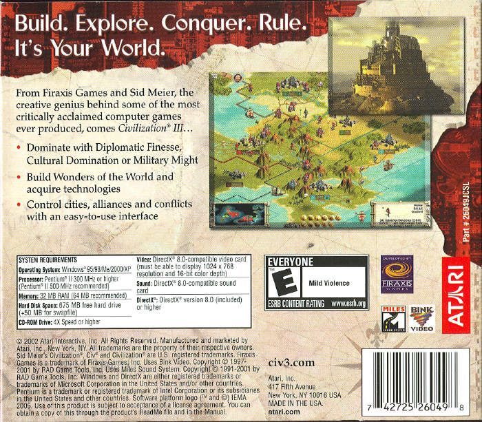 Back Cover for Sid Meier's Civilization III (Windows) (Budget release)