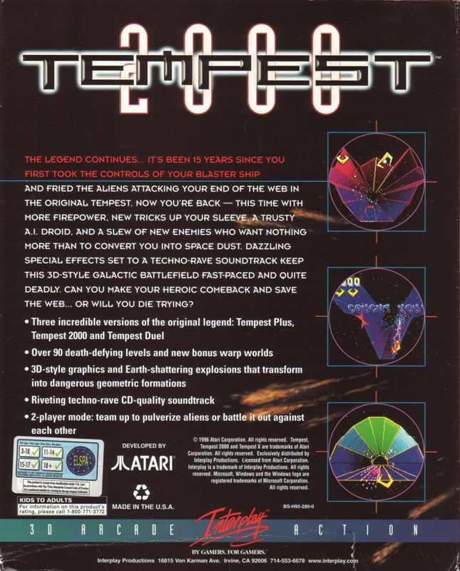 Back Cover for Tempest 2000 (DOS and Windows)