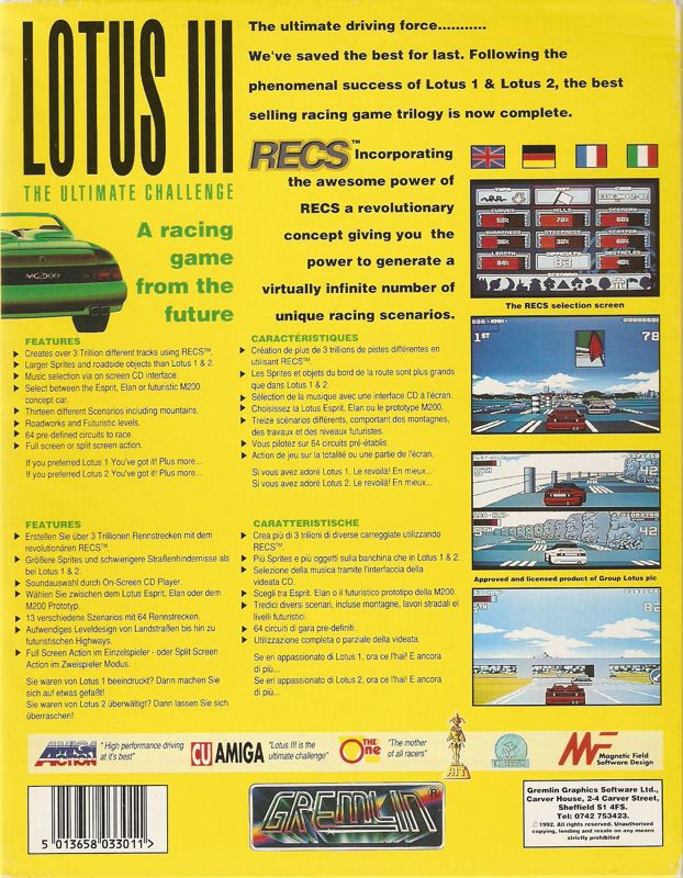 Back Cover for Lotus: The Ultimate Challenge (Amiga) (Alternate Disk design)