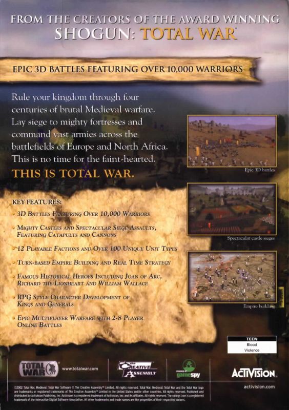 Back Cover for Medieval: Total War (Windows) (Platinum Hit Series release)