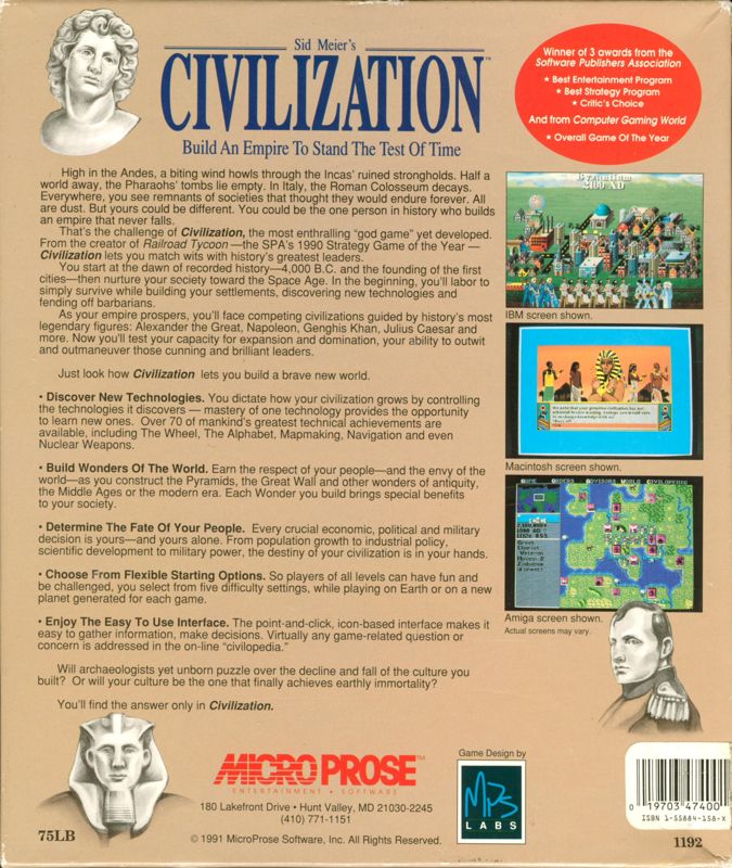 Back Cover for Sid Meier's Civilization (DOS)