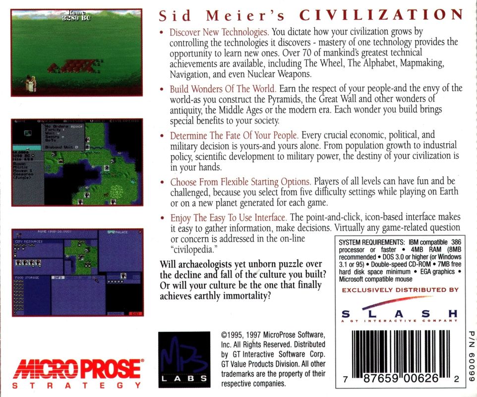 Back Cover for Sid Meier's Civilization (DOS) (CD-ROM Version)