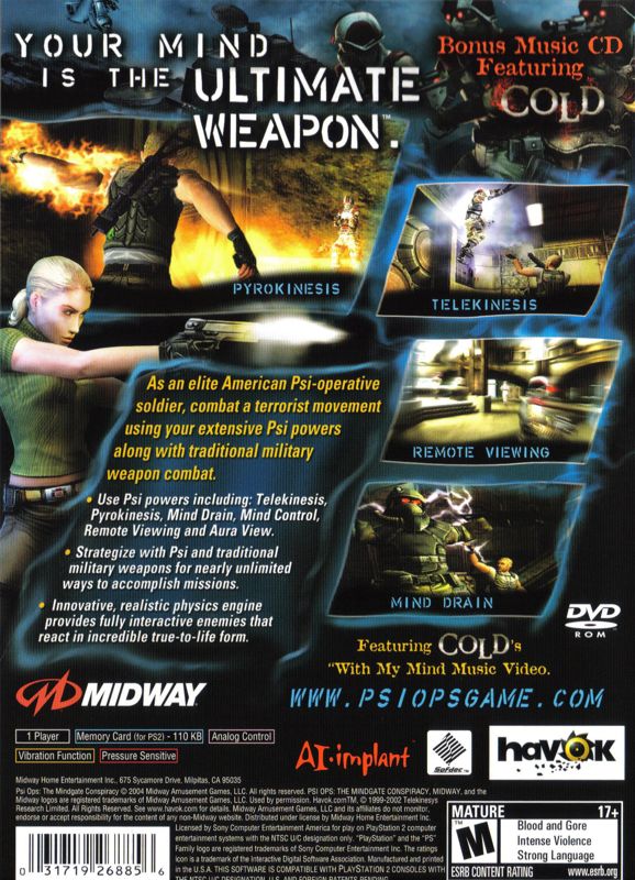 Back Cover for Psi-Ops: The Mindgate Conspiracy (PlayStation 2) (Target Store Release - includes bonus soundtrack)