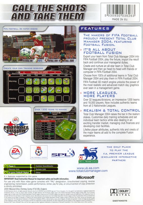 Back Cover for Total Club Manager 2004 (Xbox)