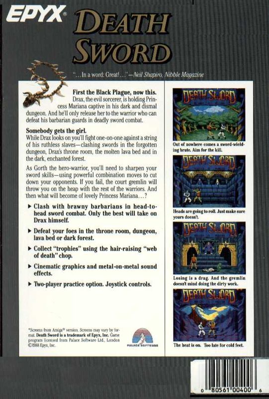 Back Cover for Death Sword (Atari ST)