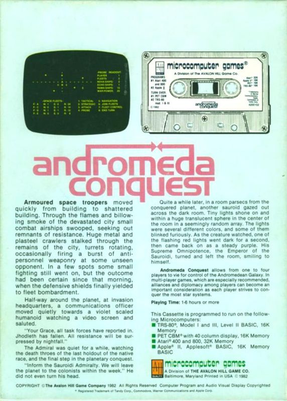 Back Cover for Andromeda Conquest (Apple II and Atari 8-bit and Commodore PET/CBM and TRS-80)