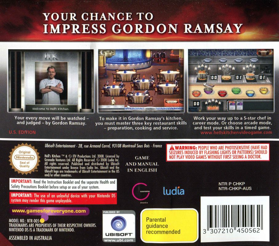 Back Cover for Hell's Kitchen: The Game (Nintendo DS)