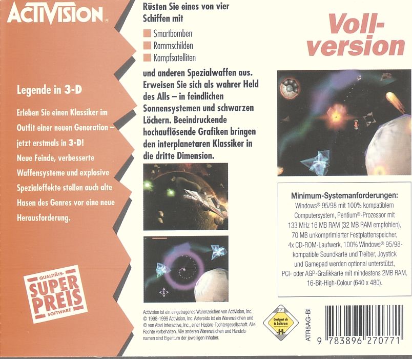 Back Cover for Asteroids (Windows) (Low Budget (Softkey))