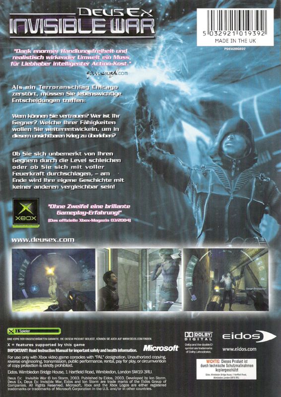 Back Cover for Deus Ex: Invisible War (Xbox)