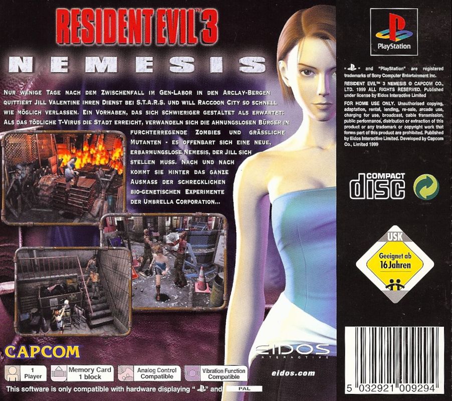 Cover art or packaging material from Resident Evil 3: Nemesis (1999 ...