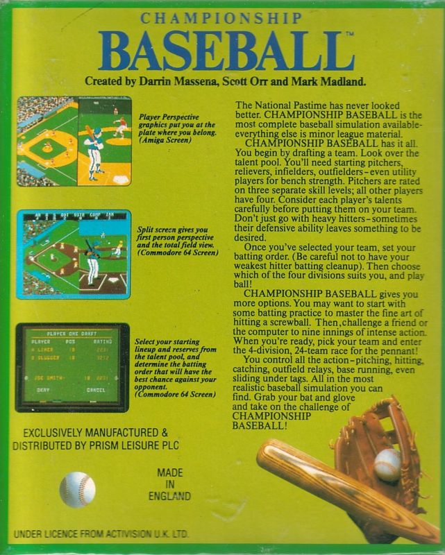 Back Cover for Championship Baseball (DOS) (Prism Leisure re-release)