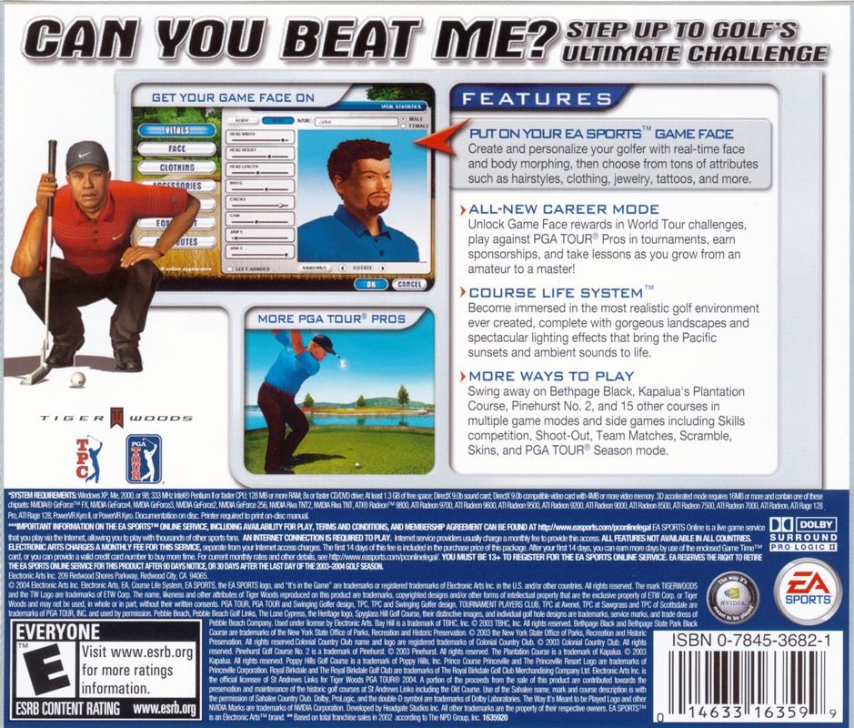 Back Cover for Tiger Woods PGA Tour 2004 (Windows)