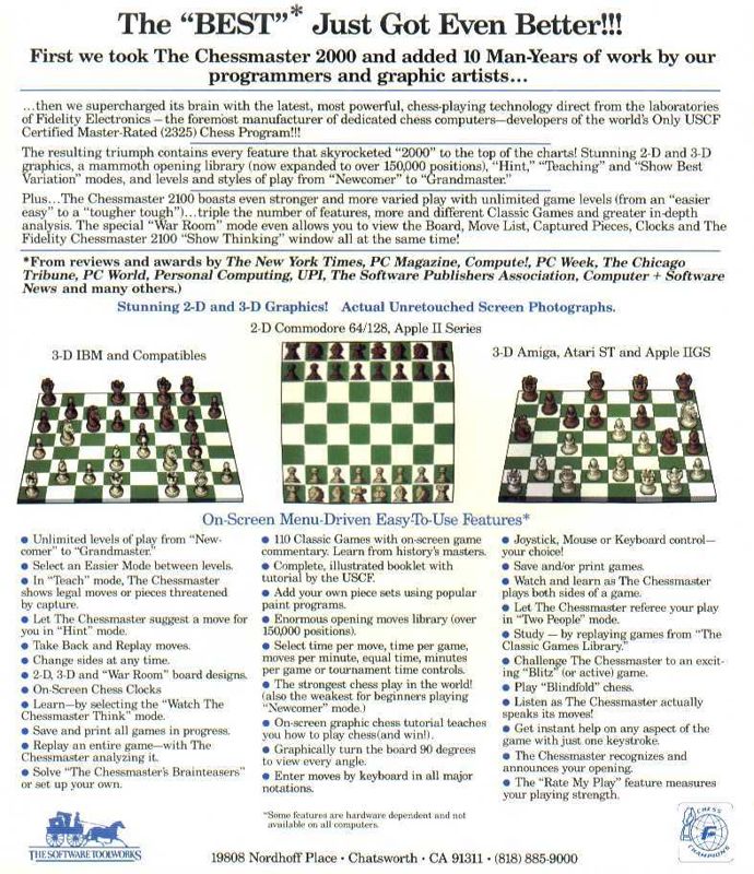 Back Cover for The Fidelity Chessmaster 2100 (Amiga)