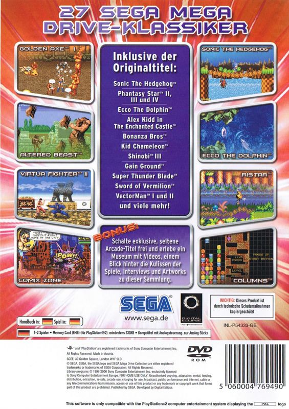 Back Cover for Sega Genesis Collection (PlayStation 2)