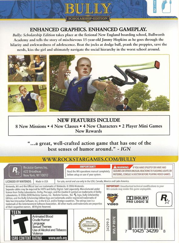 Back Cover for Bully: Scholarship Edition (Wii)