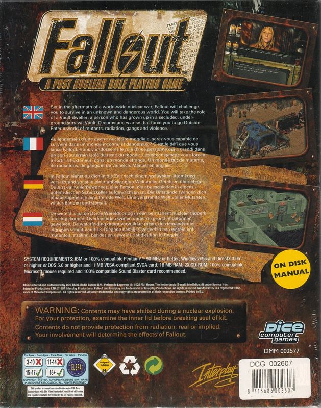 Back Cover for Fallout (Windows) (Dice Release)