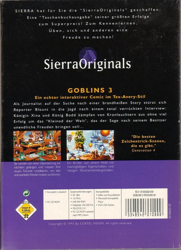 Back Cover for Goblins Quest 3 (DOS) (Sierra Originals release)