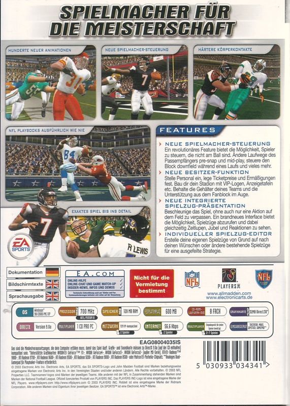 Back Cover for Madden NFL 2004 (Windows)