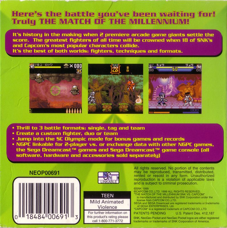 Back Cover for SNK vs. Capcom: The Match of the Millennium (Neo Geo Pocket Color)