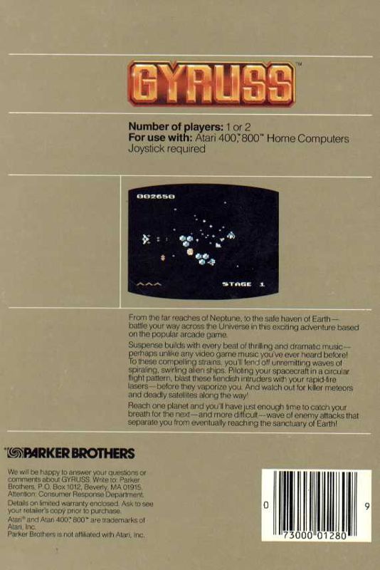 Back Cover for Gyruss (Atari 8-bit)