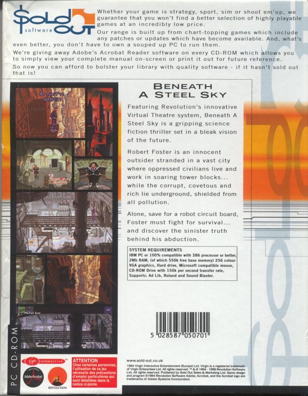 Back Cover for Beneath a Steel Sky (DOS) (Sold Out Software release)