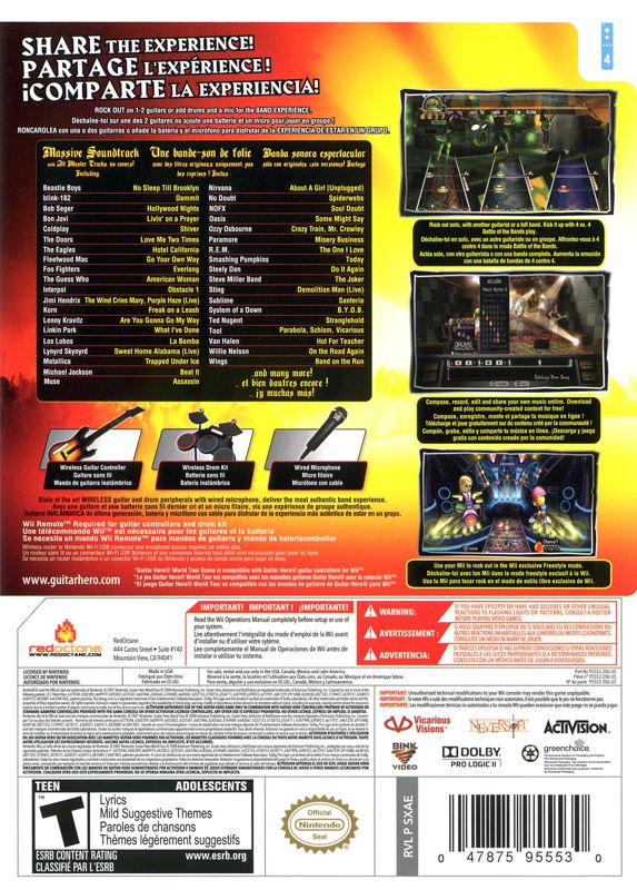 Back Cover for Guitar Hero: World Tour (Wii)