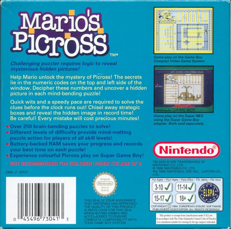 Back Cover for Mario's Picross (Game Boy)