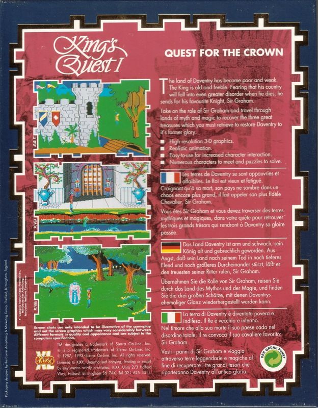 Back Cover for Roberta Williams' King's Quest I: Quest for the Crown (DOS) (Kixx XL Release)